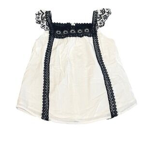 Point Sur Top XS Boho Crochet Lace Embroidered Cottagecore White Navy Blue